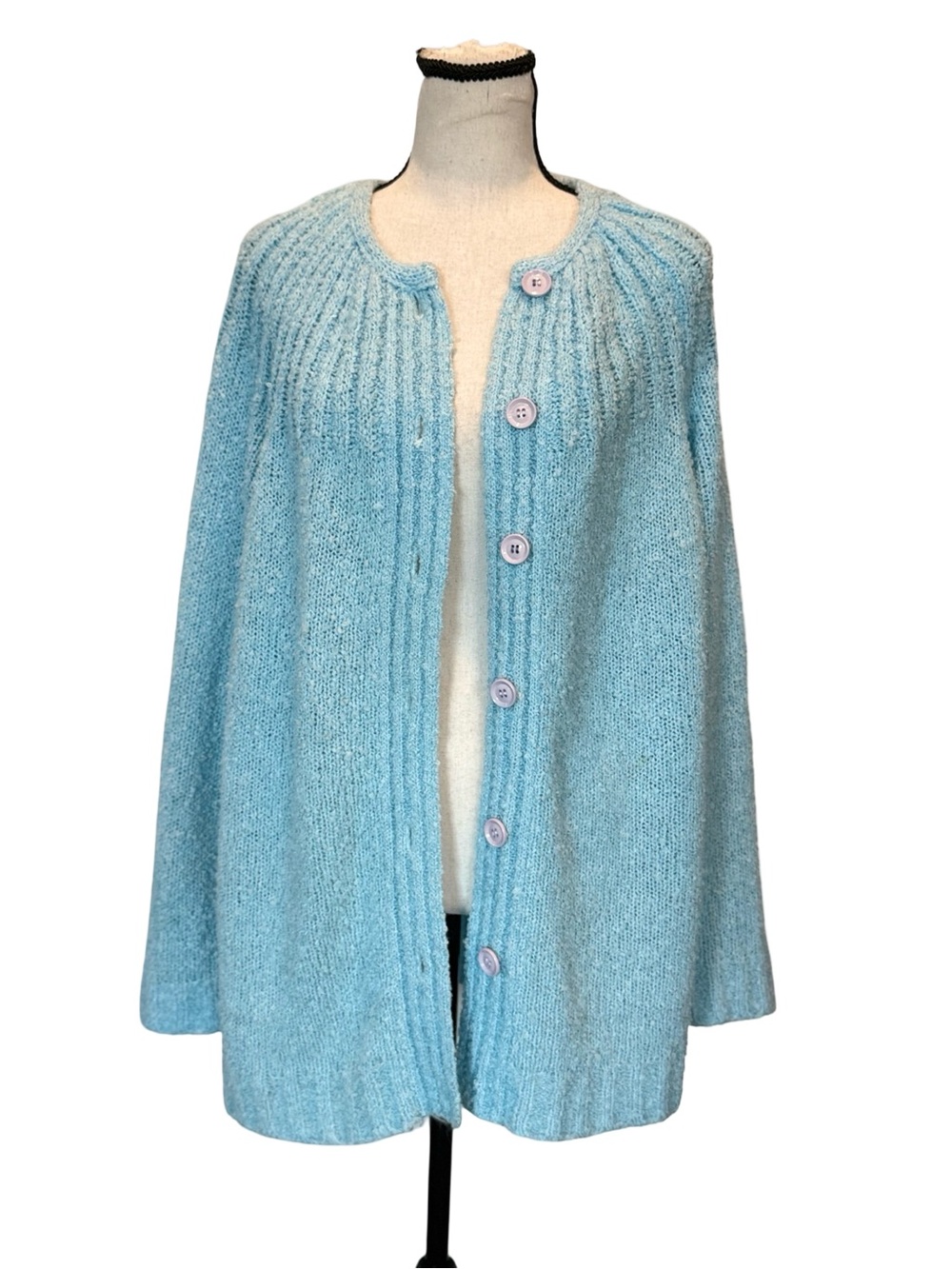Vintage Lane Bryant Aqua Blue Bouclé Knit Cardigan Sweater XL Read